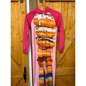 Women's Small One-Piece Footless Pajamas Donut GUC Pink Hooded Fleece